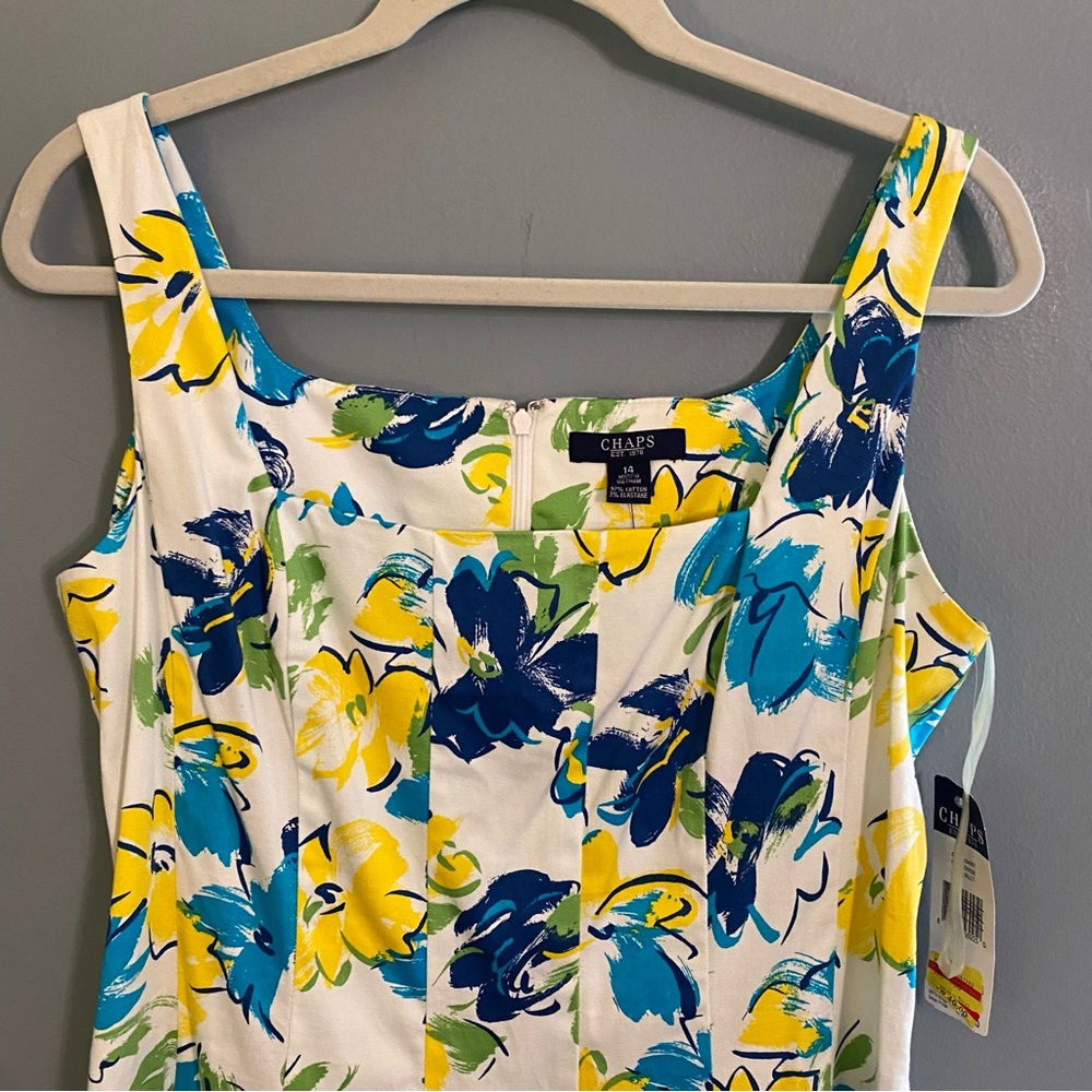 NWT Chaps Sleeveless Square Neck Fit and Flare White Blue Floral Dress Sz 14 - Picture 3 of 9